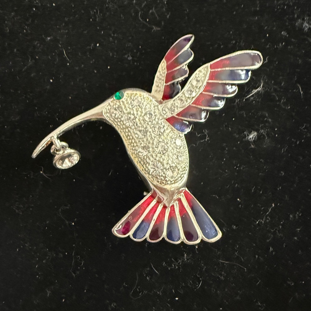 Hummingbird Crystal & Enamel Bird Pin Brooch - Red, Blue, Silver